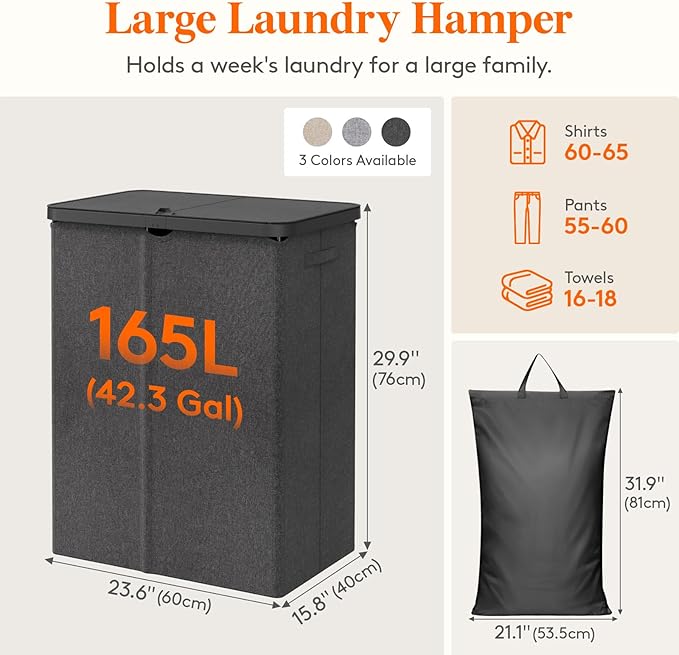 Lifewit 165L Large Laundry Basket with Lid, Laundry Hamper with Plastic Handles and Removable Bag, Foldable Tall Dirty Clothes Hampers for Laundry for Laundry Room, Bedroom, Bathroom, Dorm, Dark Gray