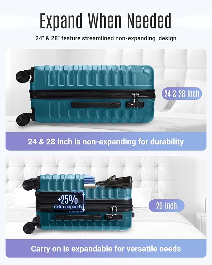 LIGHT FLIGHT Luggage Sets, 3 Piece Durable Suitcase Set with Spinner Wheels, 3 Pcs Hard Shell Lightweight Luggage with TSA Lock, Large Checked Travel Suitcases, 20/24/28 Inch,Teal Blue
