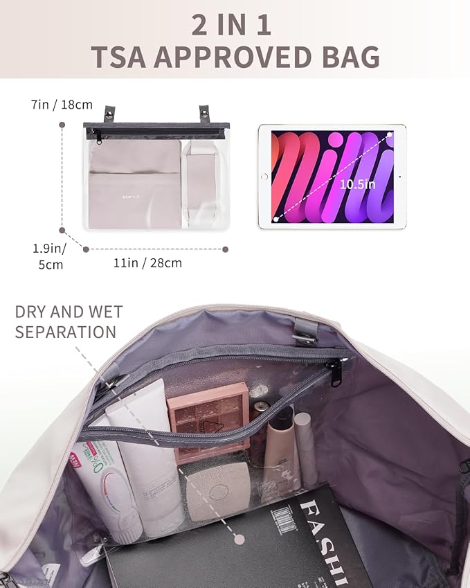ECOHUB Travel Duffel Bag, Water Resistant Weekender Bag Carry On Bags for Women, Sport Gym Bags for Men, Hospital Bag for Labor and Delivery, Overnight Bag Luggage Bag with Trolley Sleeve, 30L Beige