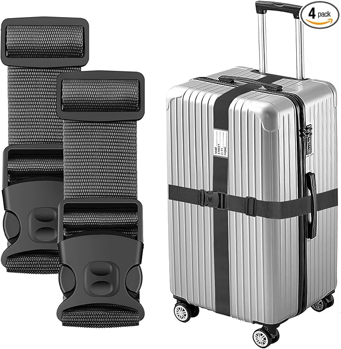 BILIONE Luggage Straps Adjustable Suitcase Belt, Lockable Against Accidental Opening, Easy to Identify Travel Accessories, Add a Bag Connector Holds Suitcase Together (4, Versatile Black)