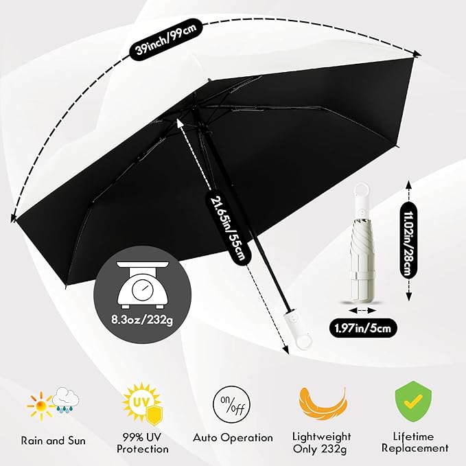 Windproof Compact Travel Umbrella,Large Strong but Light Portable and Automatic Folding Rain Umbrella, small inverted for travel size