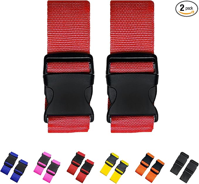 2 Pack Suitcase Straps, Bright Color Adjustable Luggage Belts, TSA Approved (Red)