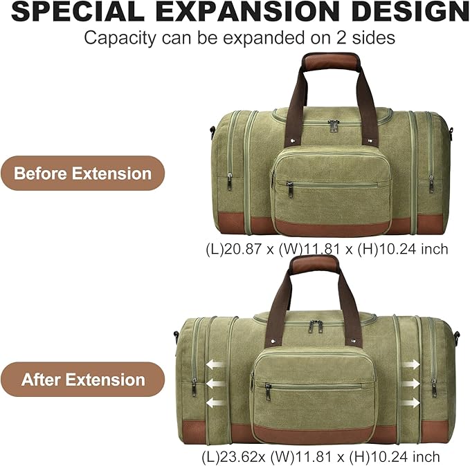 Litvyak Duffle Bag for Travel, Canvas Travel Duffel Bags Overnight Weekend Gym Carry On Luggage Bag for Men & Women (Army Green+Toiletry Bag, 50L)
