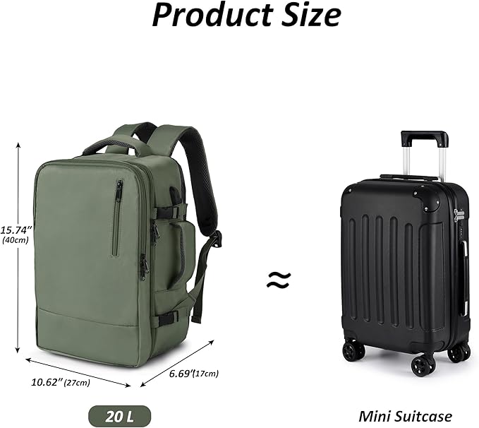 TANTOMI Travel Backpack for Women Men, 15.6 Inch Laptop Backpack Flight Approved, Small Carry-On Bags with USB Charging Port & Shoe Pouch, Casual Daypack on Airplane for Weekender Work Business, Green