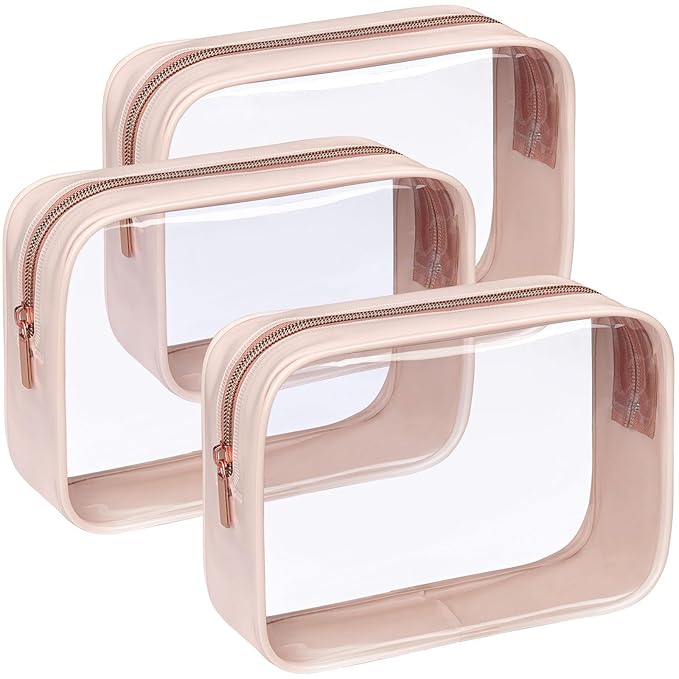 F-color TSA Approved Toiletry Bag 3 Pack Medium - Clear Makeup Bag Travel Quart Size for Women Men, Clear Cosmetic Bag Airport Airline Compliant Carry on Bag, Nude Pink