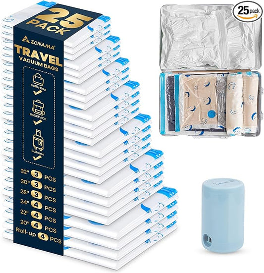 Travel Compression Bags, 25 Pack Vacuum Storage Bags with 1500mAh Rechargeable Battery, Vacuum Seal Bag for Space Saving Clothes, Blanket, Duvets, Pillows, Comforters, Travel Essentials, Luggage