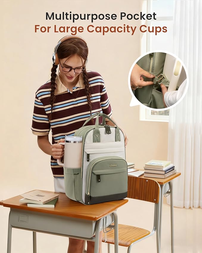 LOVEVOOK Laptop Backpack for Women with Giant Tumbler Holder Pocket,17.3 inch School College Book Bag Nurse Teacher Backpack,Work Travel Backpack Laptop Computer Bag,Pea green-Light yellow-Burlap blue