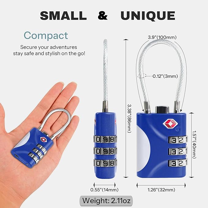 TSA Approved Locks for Luggage, Small Combo Lock with Code, Travel Padlock with Cable, TSA 007 Lock for Suitcase, Locker, Gym, Cabinet, Gun Case, Backpack, Zipper Locks for Travel (Blue)