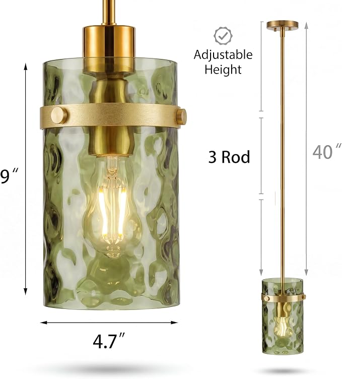 Modern Olive Green Wavy Glass Pendant Light - Adjustable E26 Hanging Lamp for Kitchen Island & Dining Room