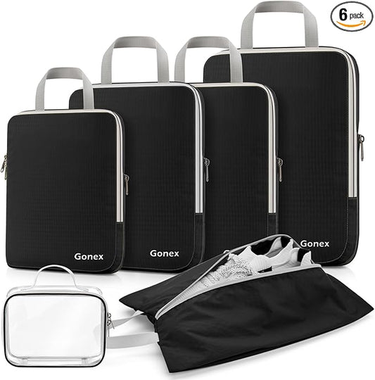 Gonex Compression Packing Cubes, 6pcs Expandable Storage Travel Luggage Bags Organizers with Shoe Bag, Clear Toiletry Bag (Black)