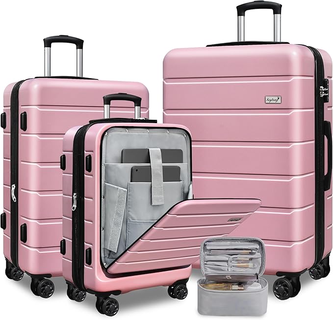 SmileLine 3-Piece Luggage Set Lightweight Hardside Suitcase TSA Lock Spinner Wheels, 20" Expandable Carry-On Luggage with Quick Access Front Open Pocket, Bonus Makeup Bag, Pink