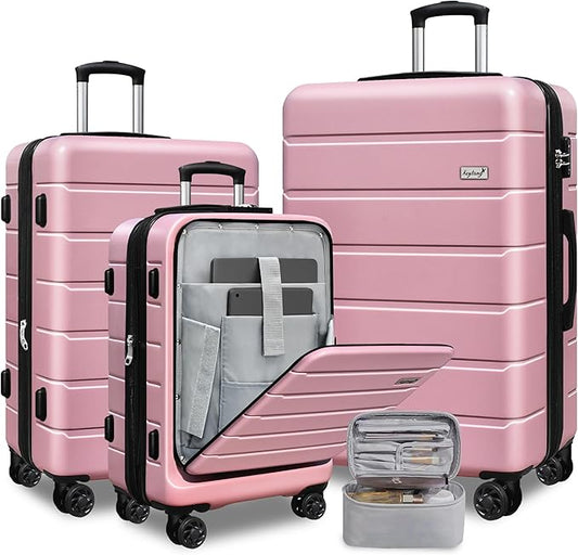 SmileLine 3-Piece Luggage Set Lightweight Hardside Suitcase TSA Lock Spinner Wheels, 20" Expandable Carry-On Luggage with Quick Access Front Open Pocket, Bonus Makeup Bag, Pink