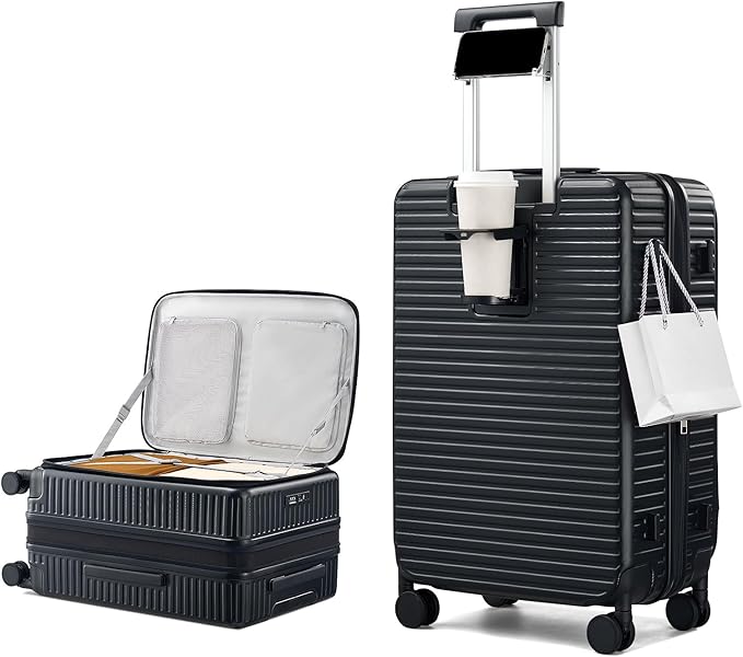 Hard Shell Suitcases 24 Inch Check in Luggage with Spinner Wheels Cup Holder, Lightweight Top Opening Expandable Luggage Hard Case Rolling Medium Checked Suitcase with Lock, Black