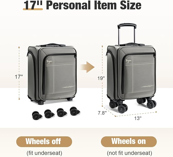 Softside Carry on Luggage Airline Approved, 17 Inch Underseat Carry-on Luggage with Removable Spinner Wheels, Small Personal Item Suitcase for Travel Business, (Grey, 17 inch_Underseat)