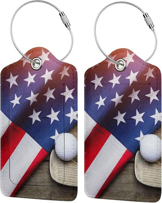 American Flag Golf 2 Pcs Luggage Tags, Privacy Cover ID Label with Stainless Steel Loop and Address Card for Suitcases & Travel Bags