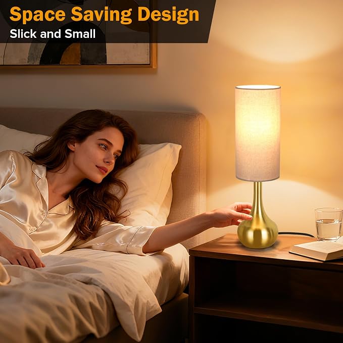 Touch Gold Table Lamp for Nightstand, 3-Way Dimmable, Space Saving & No Assembly Required, Upgraded Small Bedside Lamp for Bedroom, Living Room, Office (Bulb Included)
