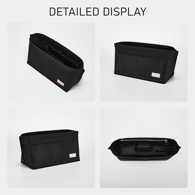 Purse Organizer Insert with Base Shaper,Felt Zipper Tote Handbag Organizer Compatible with Lv Neverfull PM, City 30 and More, 10 Compartments, Black/M