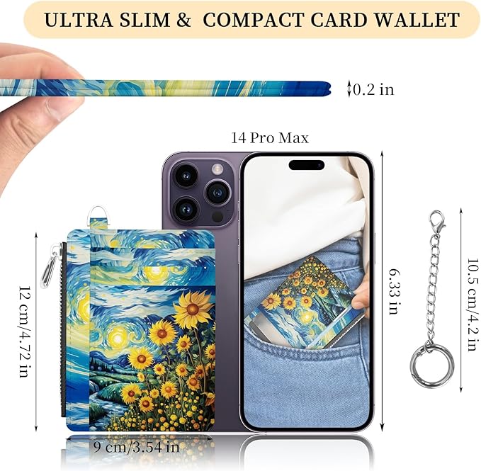 Hancynir Sunflower Starry Night Small Wallet Women Credit Card Holder, Slim RFID Blocking Keychain Card Wallets, Mini Front Pocket PU Leather Thin Travel Zipper Coin Cash Ladies Wallet Organizer Gifts