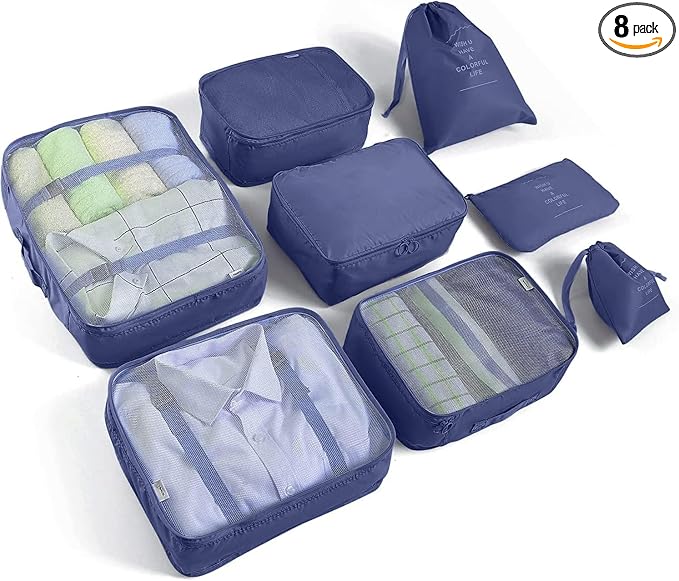 8 Set Packing Cubes for Suitcases Travel Luggage Packing Organizers,Travel Essentials Accessories Luggage Organizer with Shoe Bag Tioletry/Laundry Bag（Dark Blue）