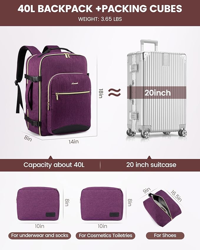 LOVEVOOK Travel Backpack for Women & Men 40L,Airline Approved Carry On Backpack Travel Essentials,TSA Carry on Luggage,Waterproof Personal Item Travel Bag,Suitcase with Packing Cubes,Dark purple-Black