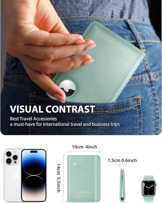 Stouchi AirTag Passport Holder, Cute Passport Holder with Airtag Slot, RFID Passport Wallet Cover for Women, Family Leather Passport Protector Case, Anti-Lost Travel Essentials, Sky Blue