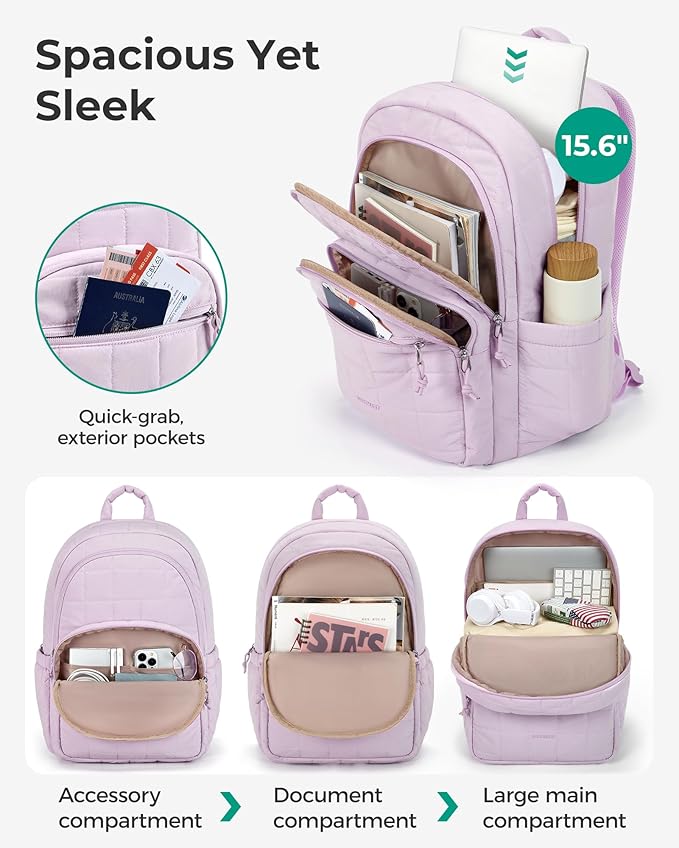 BAGSMART College Laptop Backpack, Travel Backpack for Women, Quilted Casual Daypack, Water-Resistant Bookbag for 15.6 Inch Laptop, Lavender