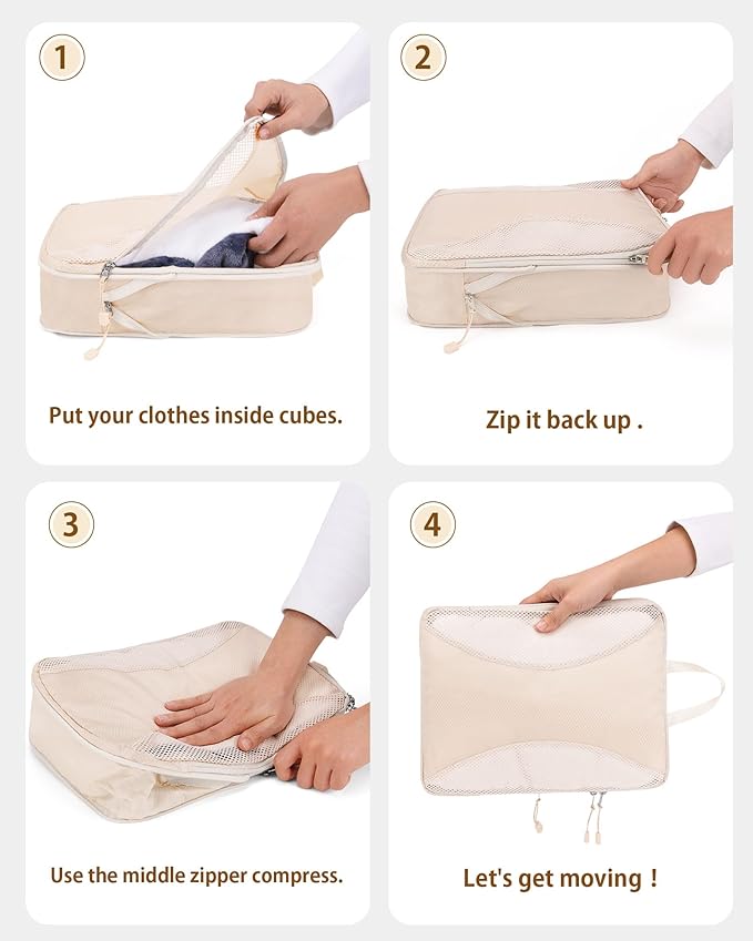 Compression Packing Cubes 8 Sets, Packing Organizers, Extensible Suitcase Organiser Bags, Travel Organizer Cubes for Travel Essentials Beige