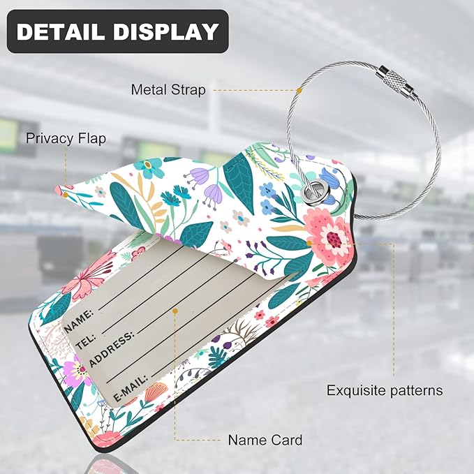 2Pack Luggage Tags for Suitcases, Cute Unique Pu Leather Cruise Luggage Tag with Privacy Cover ID Label Address Card and Metal Ring Suitable for Women Men Kids Travel Bag Colorful Flowers 2