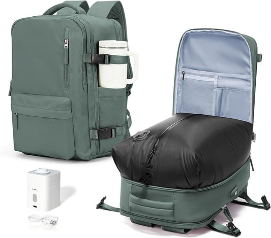 VECAVE Vacuum Travel Backpack with Pump for Women, Personal Item Carry on Backpacks Flight Approved 18x14x8 inches for Men,Laptop Waterproof Work Compression bags Casual Daypack. (Green)