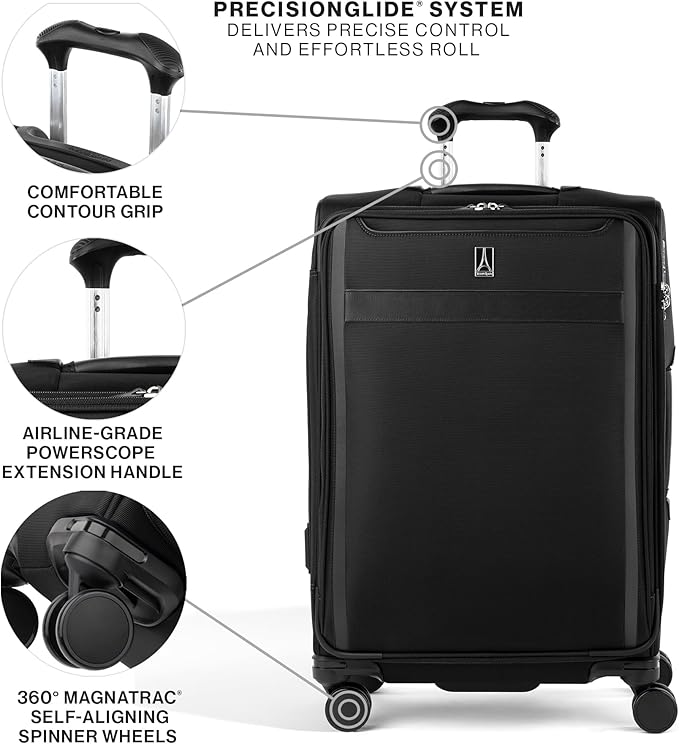 Travelpro VersaPack+ Lightweight Softside Expandable Checked Luggage, 8 Spinner Suitcase, TSA Lock, Men and Women, Checked Medium 25-Inch, Black