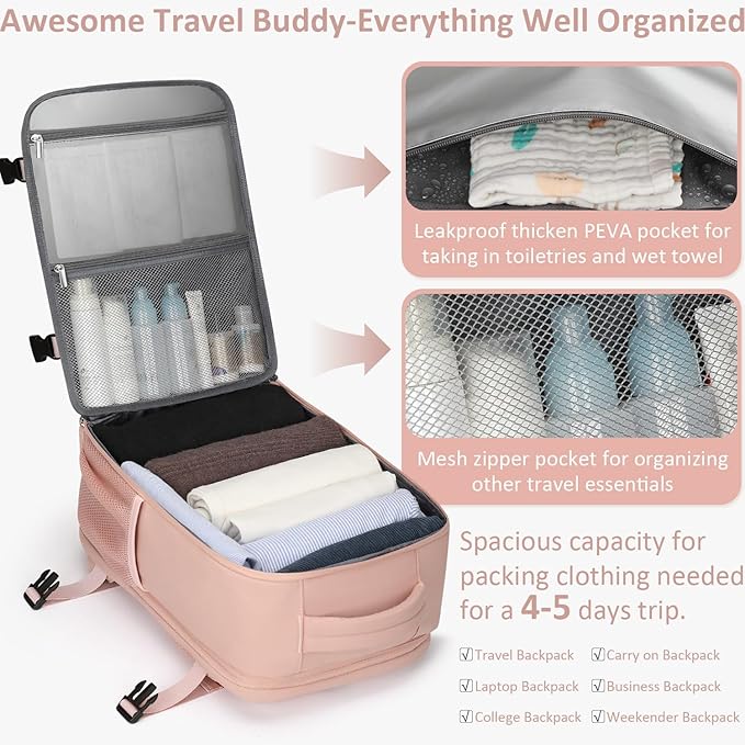 Carry on Backpack for Women TSA Approved 15.6 Inch Travel Laptop Backpack for Women Travel Essentials Womens Travel Backpack Suitcase Pink
