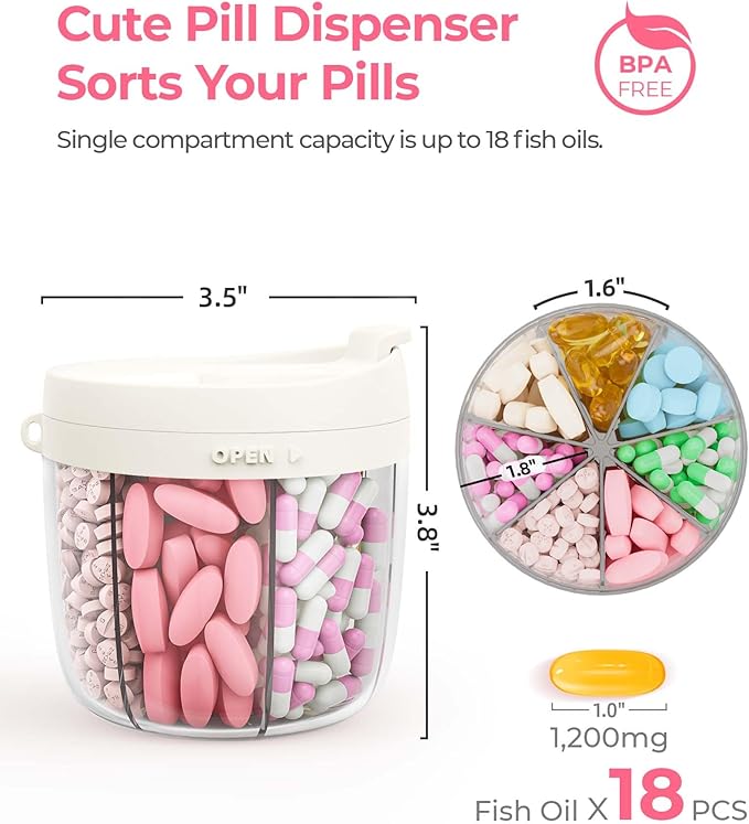 Cute Pill Dispenser with 7 Large Compartments, Portable Pill Bottle Organizer with Wide Opening for Easy Use, Anti-Mix Pill Organizer for Travel, BPA-Free Pill Container, White