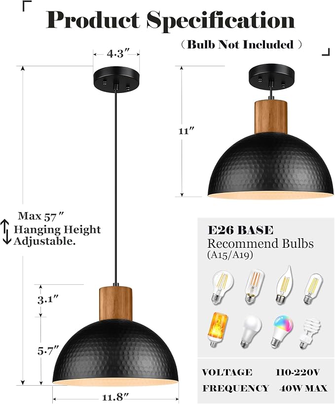 ELYONA 2 Pack Hammered Pendant Lights, 12" Industrial Metal Dome Hanging Lamp, Solid Wood Pendant Light Fixtures for Kitchen Island, Bar, Farmhouse, Dining Room, Bedroom, Hallway, Black