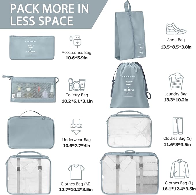 KPX 8 Set Packing Cubes for Travel, Luggage Packing Organizers Accessories Large Toiletries Bag for Clothes Shoes Cosmetics (Grey)
