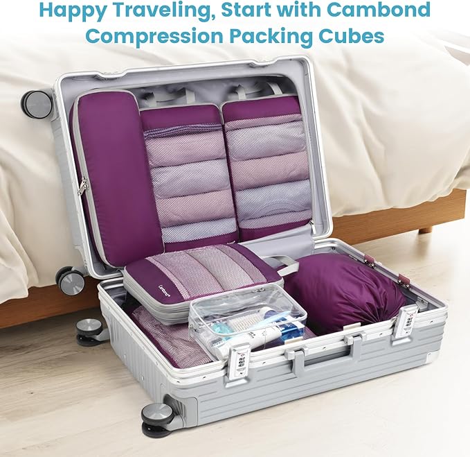Cambond Compression Packing Cubes - 7 Piece See Through Mesh Packing Cubes for Travel with Underwear Laundry Makeup Bag, Expandable Travel Packing Suitcase Organizers for Family Vacation, Purple
