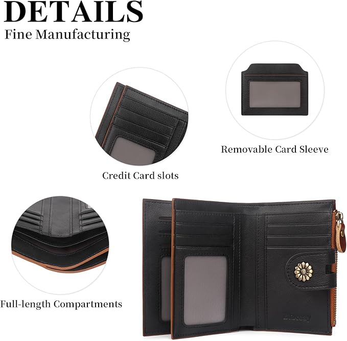 Leather Wallet Women,RFID Blocking Womens Wallet Bifold Compact Small Wallet for Women Card Holder with Zip Coin Pocket Brownblack