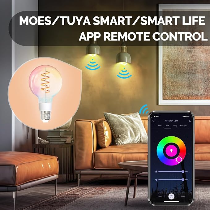 MOES Smart G80 Edison LED Light Bulbs, Color Changing WiFi G25 Smart Bulbs, 2700K-6500K CW& RGB Dimmable, Smart Life Remote Control, Work with Alexa/Google Home, 470lm 5W (40W Equivalent) 2 Pack