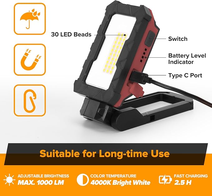 LUTEC Rechargeable Work Light, 1000 Lumens LED Magnetic Light with Magnetic Base and Hanging Hook，360°Rotate and 200°Swivel for Car Repair, Emergency and Camping-2 Pack (Red)