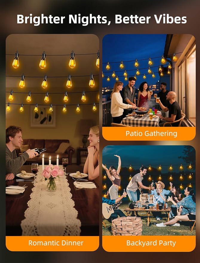 Outdoor Patio String Lights: S14 Shatterproof Bulb Outside Waterproof Light - 150FT 45M Remote Dimmable Connectable Hanging Outdoor Electric Lighting - Garden Backyard Yard Gazebo Porch Party