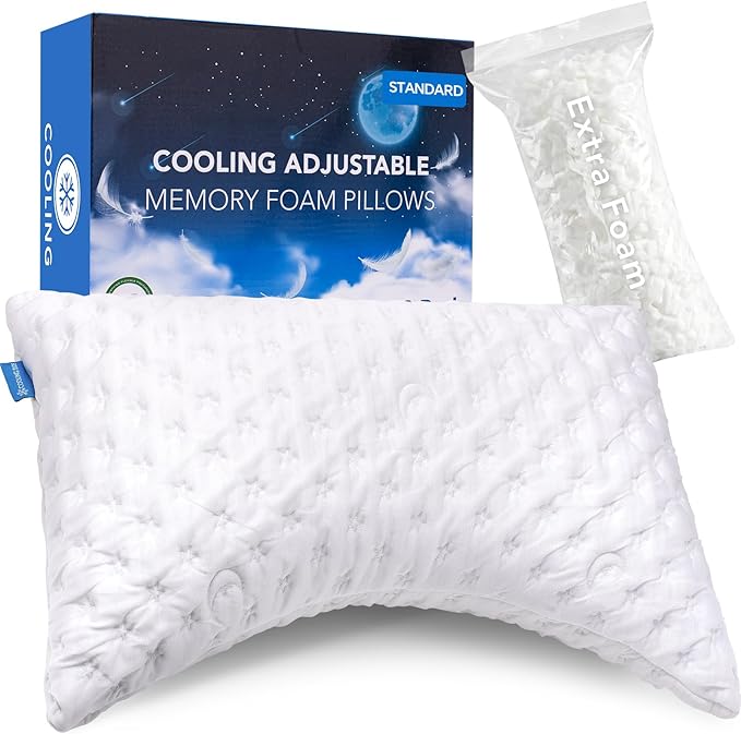 Cooling Side Sleeper Pillow for Neck and Shoulder Pain, Luxury Shredded Memory Foam Curved Bed Pillows for Sleeping Set of 1- Adjustable Standard Size- Washable Cover Crescent White