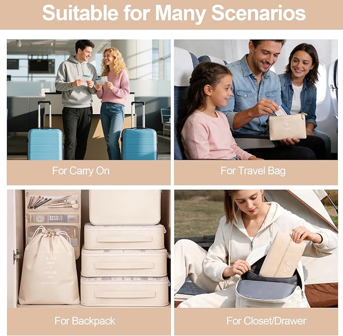 8 Set Packing Cubes for Travel,Suitcase Organizer Bags for Luggage with Shoe & Hanging Toiletry Bag, Vacation Essentials & Accessories for Cruise Ship, Airplane Must-Have,Road Trip & Camp Gifts(Cream)