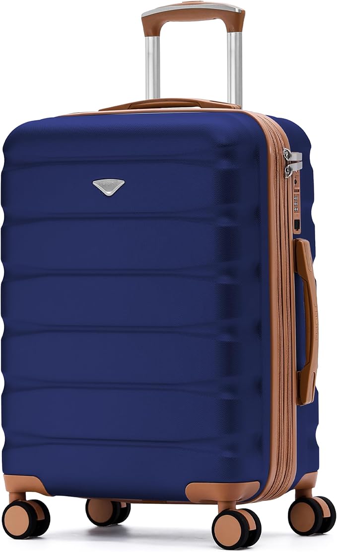 Flight Knight 24x16x10 Expandable Carry On Suitcase Hardside TSA Lock USB C Lightweight Luggage Silent Double Spinner Wheels Maximum Overhead Carry-On Bag For Virgin South West Approved Navy/Tan