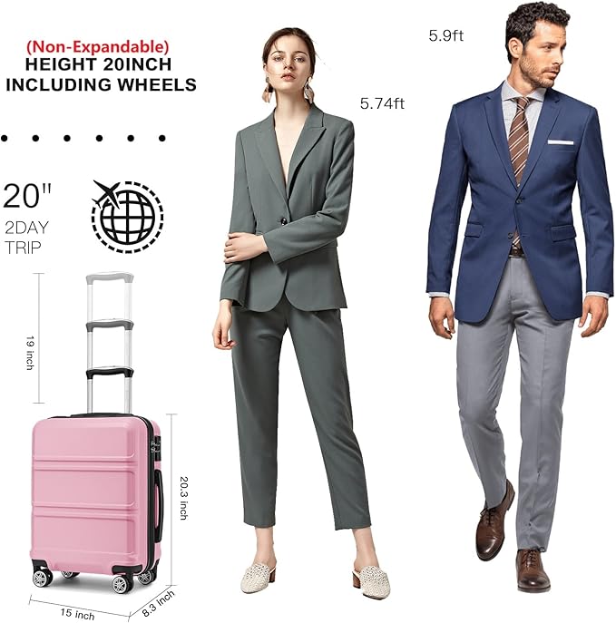 Kono 20" Carry on Luggage with Spinner Wheel TSA Lock, Lightweight PC+ABS Hardside Luggage Durable Small Carry on Suitcase Pink