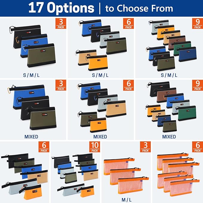 Zipper Tool Pouches, Multi-Purpose Utility Tool Bags Organizer for Small Hand Tools, Screws, Nails, Hardware, Pliers & Wrenches, Storage Pouch Set for Electricians, Plumbers, HVAC & Mechanics