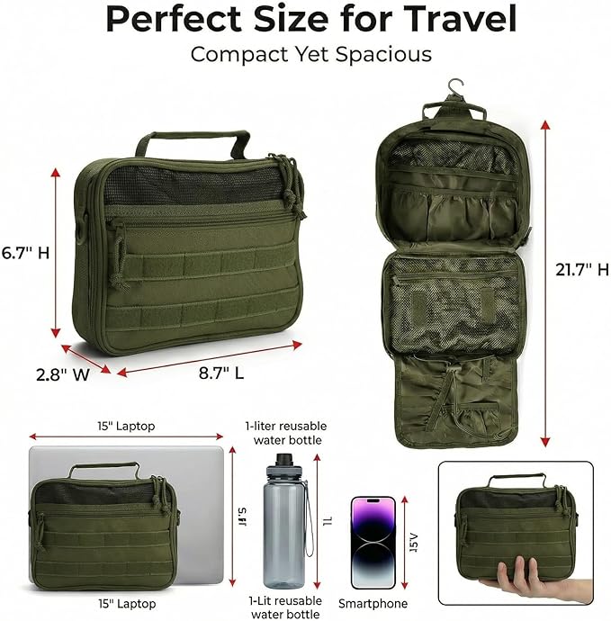 Mens Toiletry Travel Bag, Tactical Toiletry Bag for Men, Bathroom Hanging Travel Toiletry Bag for Men Shaving Hygiene Bag Travel Toiletry Organizer Short Trips Bag, Green