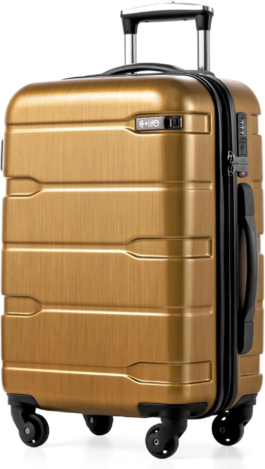 Coolife Carry On Luggage 22x14x9 Airline Approved Hardside PC+ABS Suitcase with TSA Lock, Lightweight Rolling Travel Luggage with Spinner Wheels(Black Brown, 20in)