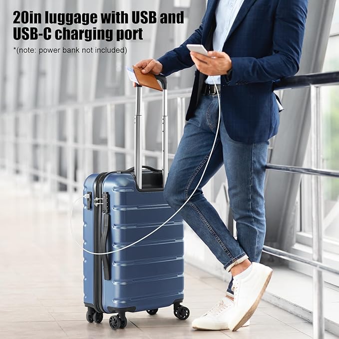 Coolife Luggage 3 Piece Set Suitcase Spinner ABS+PC Hardshell Lightweight TSA Lock USB Port, 20in 24in 28in Carry on Expandable (only 28’’), Ice Blue