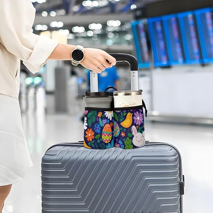 Easter Daisy Rabbit Birds Eggs Luggage Cup Holder Travel Portable Free Hand Drink Carrier Suitcase Drinks Beverage Holder Carry-On Bottle Mug Holder Organizer Bag Travelers Accessories