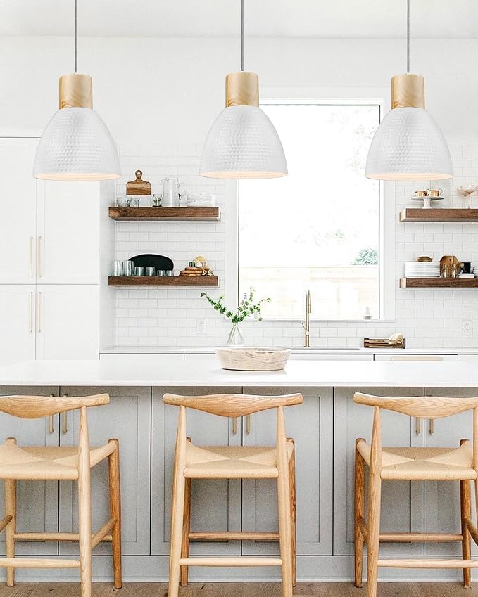 ELYONA 2 Pack Hammered Pendant Light Fixtures, 10.2” Metal & Rubber Wood Island Hanging Lamp, Adjustable Height, Modern Pendant Lighting for Kitchen,Farmhouse Bar,Dining Room,Bedroom, Nordic White