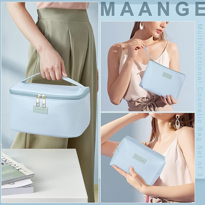 MAANGE Makeup Bag Large Cosmetic Bag with 2pcs Small Makeup Bags Portable Leather Travel Makeup Bag Set Toiletry Bag Make Up Bags for Women and Girls (Blue)